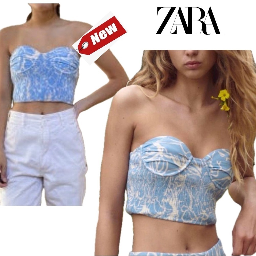 Zara blue white tropical smocked sweetheart neckline corset bustier crop top XL